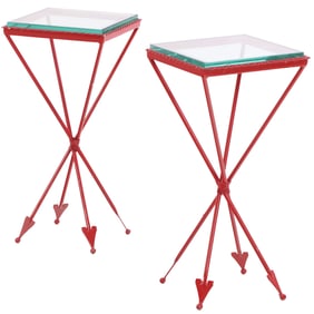 PAINTED IRON AND GLASS DIRECTOIRE STYLE END TABLES WITH ARROW DECORATION.