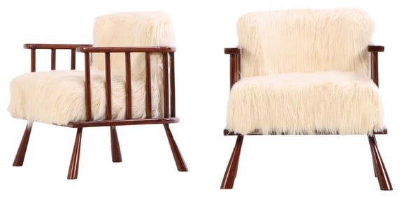 PAIR OF OPEN ARM CHAIRS WITH SPINDLE SIDES, TAPERED LEGS, AND FAUX GOAT HAIR UPHOLSTERY IN THE
