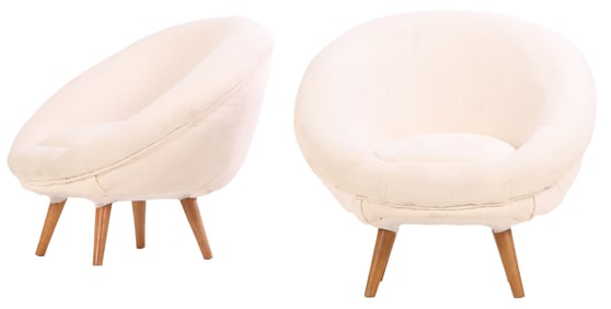PAIR DISC FORM UPHOLSTERED CHAIRS IN THE MANNER OF JEAN ROYERE HAVING NEW FABRIC.