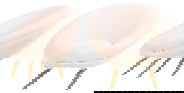 PAIR DISC FORM UPHOLSTERED CHAIRS IN THE MANNER OF JEAN ROYERE HAVING NEW FABRIC.: Pair disc form upholstered chairs in the manner of Jean Royere having new fabric. Ht: 32" Wd: 34" Dpth: 33" Seat: 17"