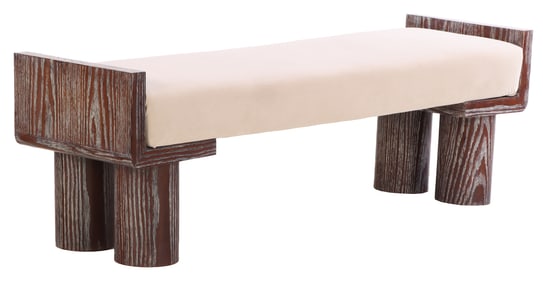 CERUSED OAK DOWEL BENCH WITH UPHOLSTERED SEAT AND RECENT FABRIC.