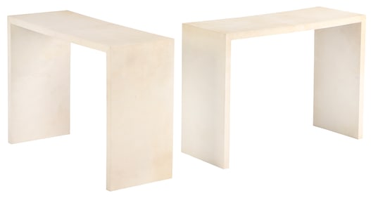 PAIR OF PARCHMENT COVERED CONSOLE TABLES IN THE MANNER OF JEAN-MICHEL FRANK.
