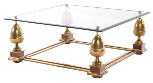 FRENCH BRASS, GLASS AND BURL WALNUT COFFEE TABLE C 1950 ATTRIBUTED TO MAISON CHARLES.