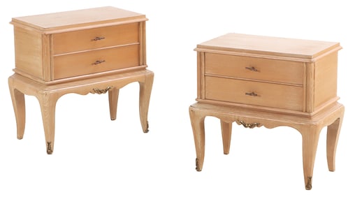 PAIR FRENCH CERUSED OAK NIGHT STANDS IN THE MANNER OF ANDRE ARBUS C 1950.