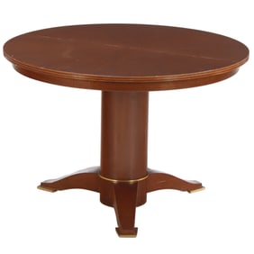 FRENCH MAHOGANY AND BRONZE DINING TABLE C 1945 BY MAISON LELEU. LEAVES NOT PRESENT.