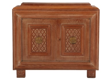 FRENCH CERUSED OAK BAR CABINET HAVING BRONZE PLAQUES AND DOORS FITTED ON THE INTERIOR C 1940.