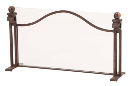 FRENCH IRON, GLASS AND BRONZE FIREPLACE SCREEN IN THE MANNER OF ANDRE ARBUS.