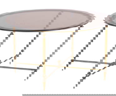 FRENCH BRASS PLATED AND SMOKED GLASS COFFEE TABLE C 1960.: French brass plated and smoked glass coffee table C 1960. Ht: 18" Wd: 31.5" Dpth: 31.5"