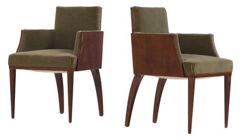 PAIR OF FRENCH MAHOGANY UPHOLSTERED CHAIRS IN THE MANNER OF RUHLMANN C 1940.