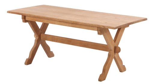 FRENCH X FORM SOLID OAK TABLE WITH STRETCHER C 1960.