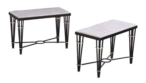 PAIR OF PAINTED IRON AND BRASS MARBLE TOP TABLES IN THE MANNER OF JACQUES ADNET.