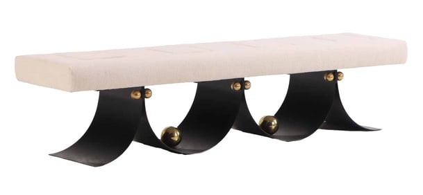 ONE OF TWO MODERN PAINTED IRON BENCHES HAVING BRASS BALL DECORATION AND SEGMENTED UPHOLSTERED