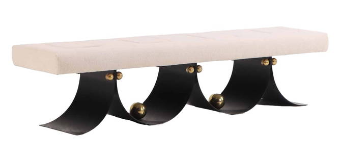 ONE OF TWO MODERN PAINTED IRON BENCHES HAVING BRASS BALL DECORATION AND SEGMENTED UPHOLSTERED: One of two modern painted iron benches having brass ball decoration and segmented upholstered seat. Ht: 17" Wd: 73.5" Dpth: 18"