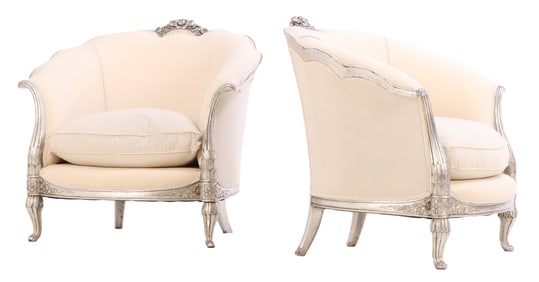 PAIR FRENCH ART DECO SILVER LEAF LOUNGE CHAIRS C 1930 WITH NEW FABRIC.