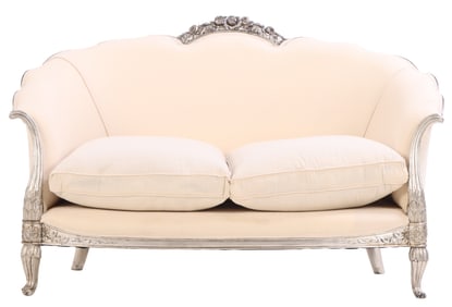 FRENCH ART DECO SILVER LEAF SETTEE C 1930 WITH NEW FABRIC.