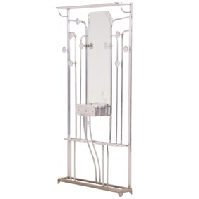 CHROME PLATED FRENCH ART DECO HALL TREE WITH MIRROR, DRAWER AND UMBRELLA STAND.