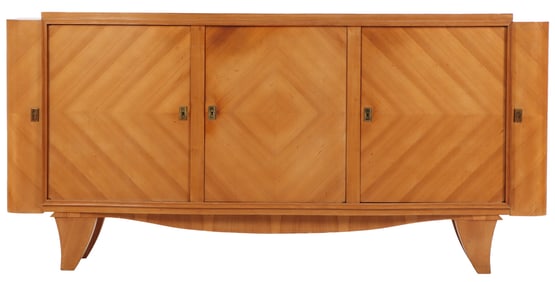FRENCH SYCAMORE SIDEBOARD/BAR HAVING THREE CENTRAL DOORS AND DOORS AT EITHER END FOR BAR IMPLEMENTS