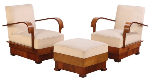 A PAIR OF BIRDSEYE MAPLE AND WALNUT AUSTRIAN ART DECO OPEN ARM CHAIRS WITH MATCHING OTTOMAN C 1940.