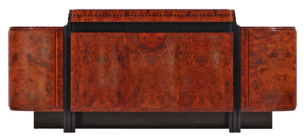 ART DECO STYLE BURL WALNUT AND EBONIZED FIVE DOOR SIDEBOARD C 1975.