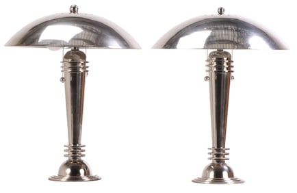TALL PAIR OF CHROMED IRON ART DECO STYLE TABLE LAMPS.