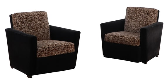 PAIR ART DECO STYLE CLUB CHAIRS WITH FAUX LEOPARD UPHOLSTERY.
