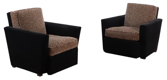 PAIR ART DECO STYLE CLUB CHAIRS WITH FAUX LEOPARD UPHOLSTERY.