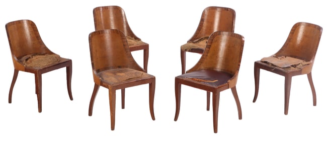 SIX FRENCH ART DECO BURL WOOD DINING CHAIRS HAVING A BORDER IN ROSEWOOD C 1930.