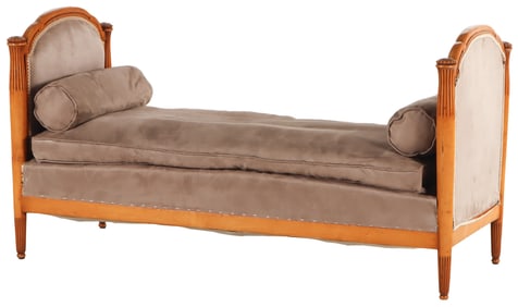 FRENCH DAYBED ATTRIBUTED TO PAUL FOLLOT C 1925 HAVING FINELY CARVED DETAILS AND RECENT FABRIC.
