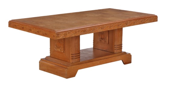 RARE FRENCH CERUSED OAK DINING TABLE HAVING FOUR SAILING SHIPS CARVED INTO THE BASE AND THE TABLE