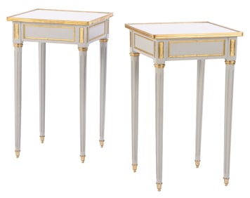 PAIR OF PAINTED END TABLES IN THE LOUIS XVI STYLE HAVING BRONZE TRIM AND MIRRORED TOPS.