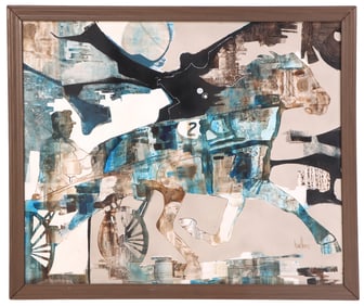 GREGORY HAWTHORNE (AMERICAN, B.1951) "HARNESS RACING," MIXED MEDIA ON MASONITE, SIGNED HAWTHORNE