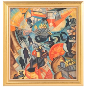 OLGA ROSANOVA (RUSSIAN 1886-1918), ABSTRACT WITH DARK FIGURES, OIL ON MASONITE, SIGNED IN CYRILLIC