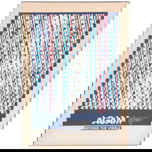 SIGNED YAACOV AGAM EXHIBITION POSTER FOR "BEYOND THE VISIBLE" EXHIBITION AT THE GUGGENHEIM MUSEUM,: Signed Yaacov Agam Exhibition Poster for "Beyond The Visible" exhibition at the Guggenheim Museum, C. 1980. Interior (sight)- Ht: 35", Wd: 25.25". Ht: 36.25" Wd: 26"