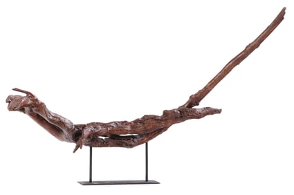 FREE FORM WOOD ROOT SCULPTURE ON IRON BASE.