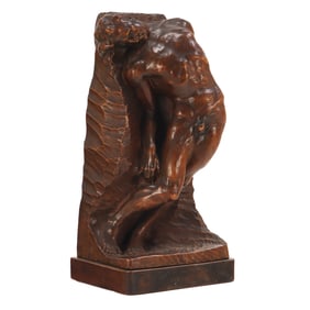 ANDRE POTTEAU (BELGIAN 1909-1953) MODERNIST WOOD SCULPTURE OF A MALE NUDE, SIGNED A. POTTEAU, C