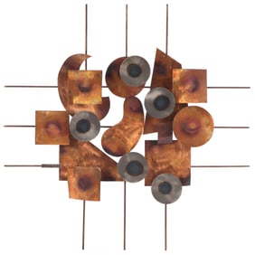 MODERN BRUTALIST METAL WALL SCULTPURE, COPPER AND METAL. SIGNED A. KOVACS.