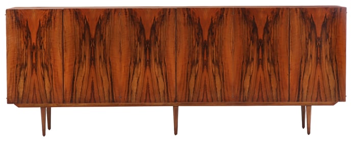 THREE DOOR FIGURED ROSEWOOD SIDEBOARD WITH INTERIOR DRAWERS C 1960.
