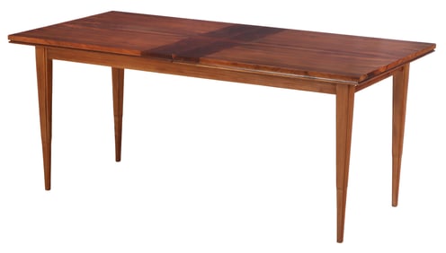 FIGURED ROSEWOOD DINING TABLE WITH BOOKMATCHED VENEERED TOP AND ONE ORIGINAL LEAF C 1960.