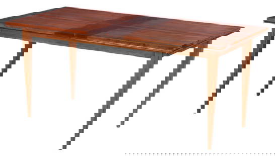 FIGURED ROSEWOOD DINING TABLE WITH BOOKMATCHED VENEERED TOP AND ONE ORIGINAL LEAF C 1960.: Figured rosewood dining table with bookmatched veneered top and one original leaf C 1960. Center leaf measuring a width of 13.75", opening to a total width of 83.75". Ht: 30.25" Wd: 70" Dpth: 34.25"