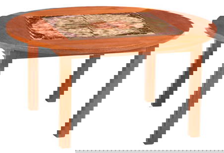 A DANISH TEAK AND TILE TOP COFFEE TABLE.: A Danish teak and tile top coffee table. Ht: 17.5" Wd: 35.5" Dpth: 35.5"