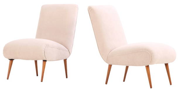 PAIR UPHOLSTERED LOUNGE CHAIRS C 1950 WITH NEW FABRIC.: Pair upholstered lounge chairs C 1950 with new fabric. Ht: 32.5" Wd: 20.5" Dpth: 31" Seat: 17.5"