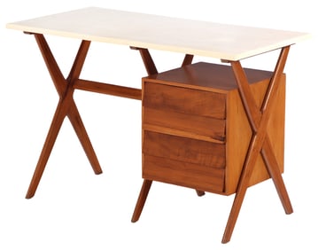 ITALIAN WALNUT WRITING DESK IN THE MANNER OF ICO PARISI HAVING A PARCHMENT COVERED TOP C 1950.