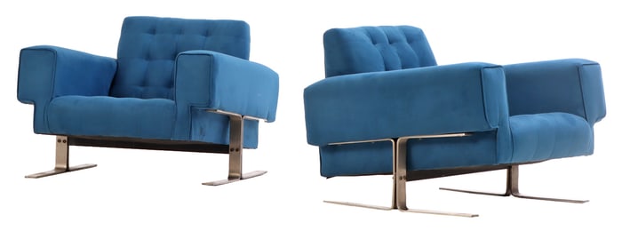 PAIR CHROMED IRON AND UPHOLSTERED LOUNGE CHAIRS C 1970 HAVING NEW FABRIC.