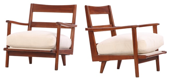 PAIR MAHOGANY OPEN ARM CHAIRS WITH LOOSE CUSHION UPHOLSTERY AND NEW FABRIC C 1950.
