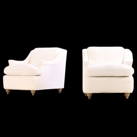 PAIR UPHOLSTERED LOUNGE CHAIRS WITH BRONZE FEET AND NEW FABRIC C 1960.