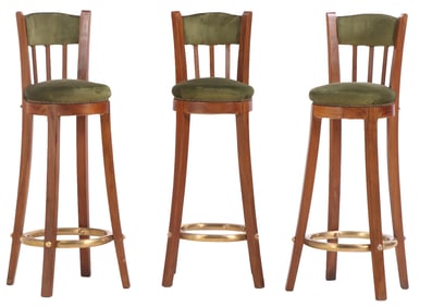 THREE WOOD, BRASS AND UPHOLSTERED BAR STOOLS C 1965.