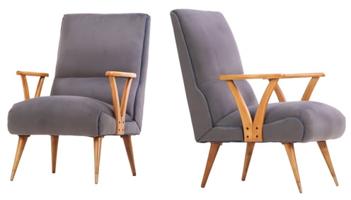 PAIR UPHOLSTERED ARM CHAIRS HAVING FLOATING ARMS AND NEW FABRIC C 1950.
