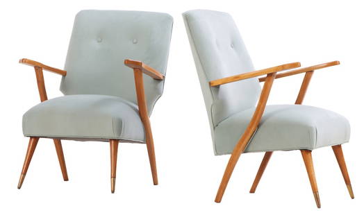 PAIR OPEN ARM CHAIRS WITH NEW FABRIC C 1950.: Pair open arm chairs with new fabric C 1950. Ht: 34.5" Wd: 25.75" Dpth: 29" Seat: 18"