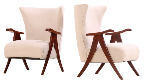 PAIR UPHOLSTERED ARM CHAIRS IN THE MANNER OF KAGAN C 1950 HAVING CURVED BACKS AND NEW FABRIC.