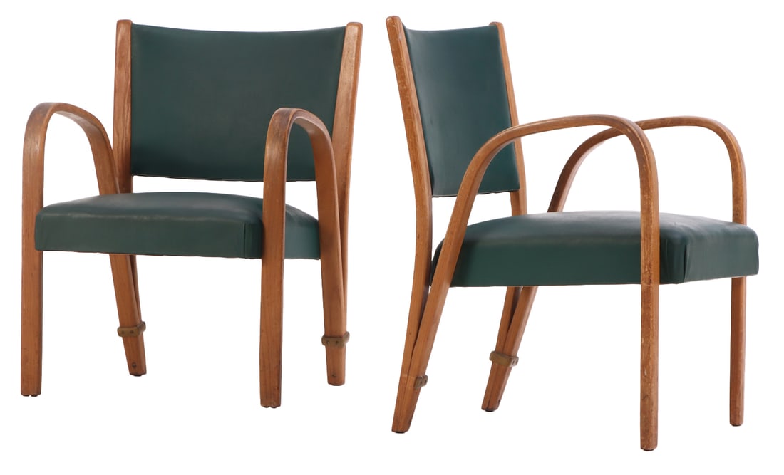 PAIR BENTWOOD OPEN ARM CHAIRS BY HUGUES STEINER C 1950: Pair bentwood open arm chairs by Hugues Steiner C 1950 Ht: 31.25" Wd: 22.5" Dpth: 24.5" Seat: 16.5"